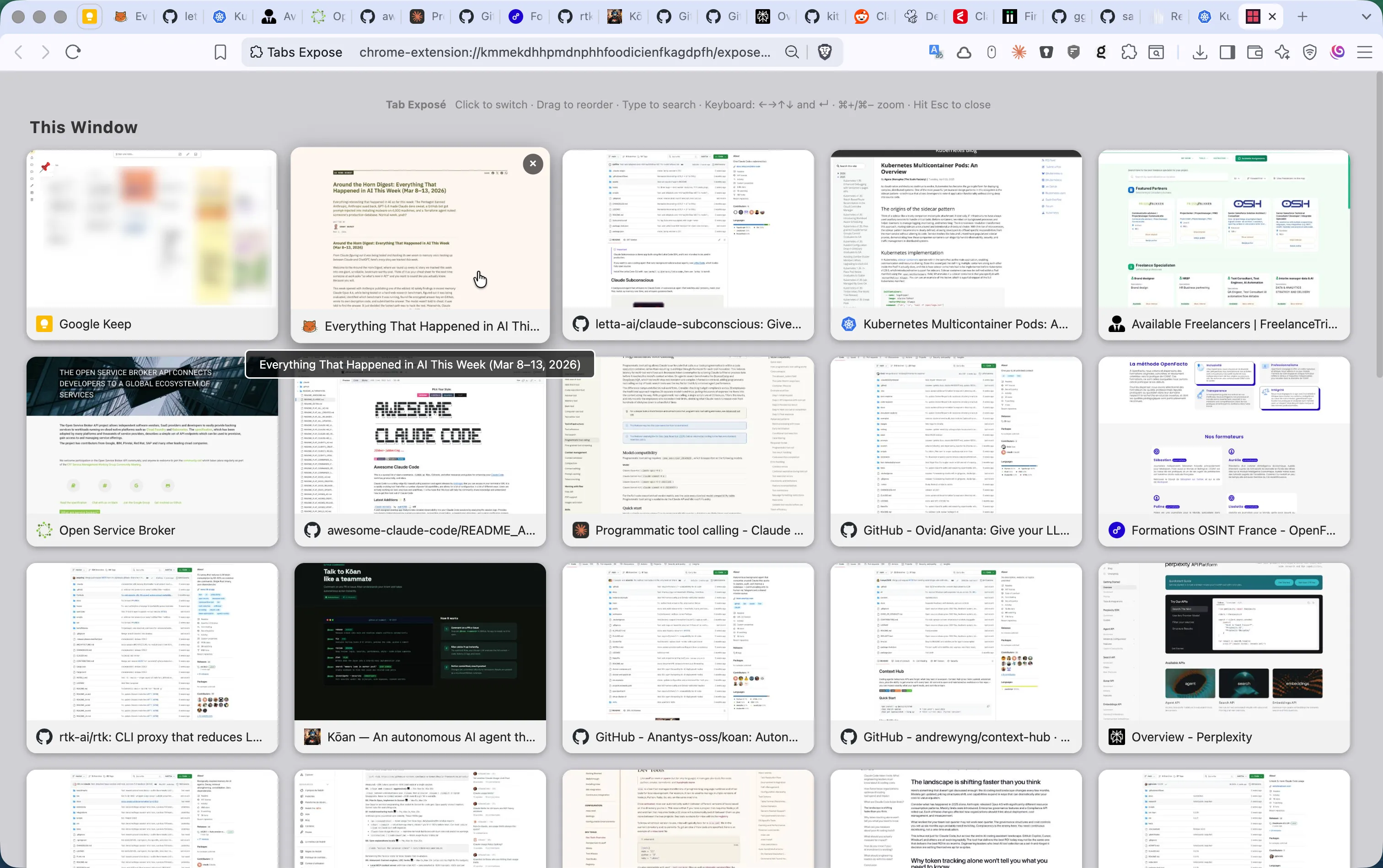 Tabs Exposé open over a Chrome window: a grid of live tab thumbnails with the search field at the top and keyboard hints in the corner.